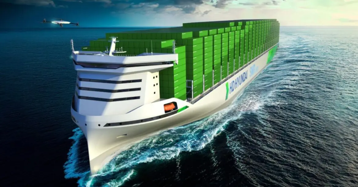 Nuclear-powered containership sailing in the ocean.