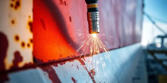 Worker using laser technology for ship rust removal.
