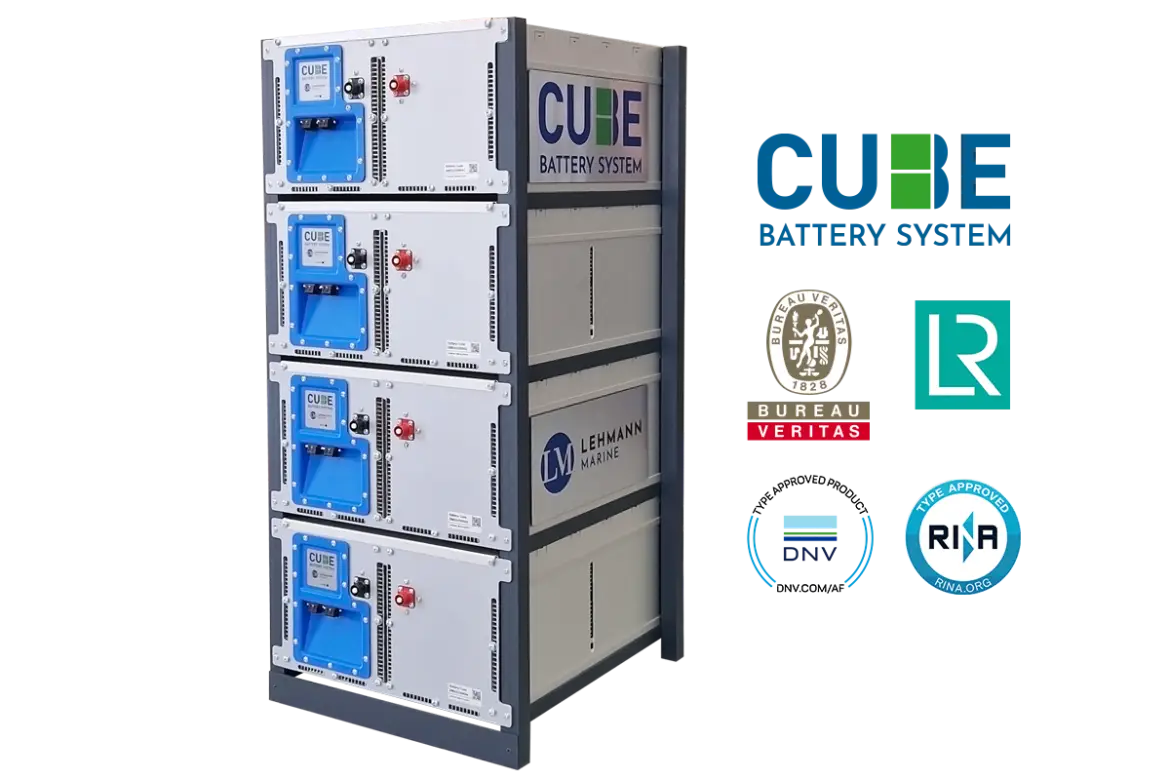 CUBE batteries on a ship deck with nautical equipment.