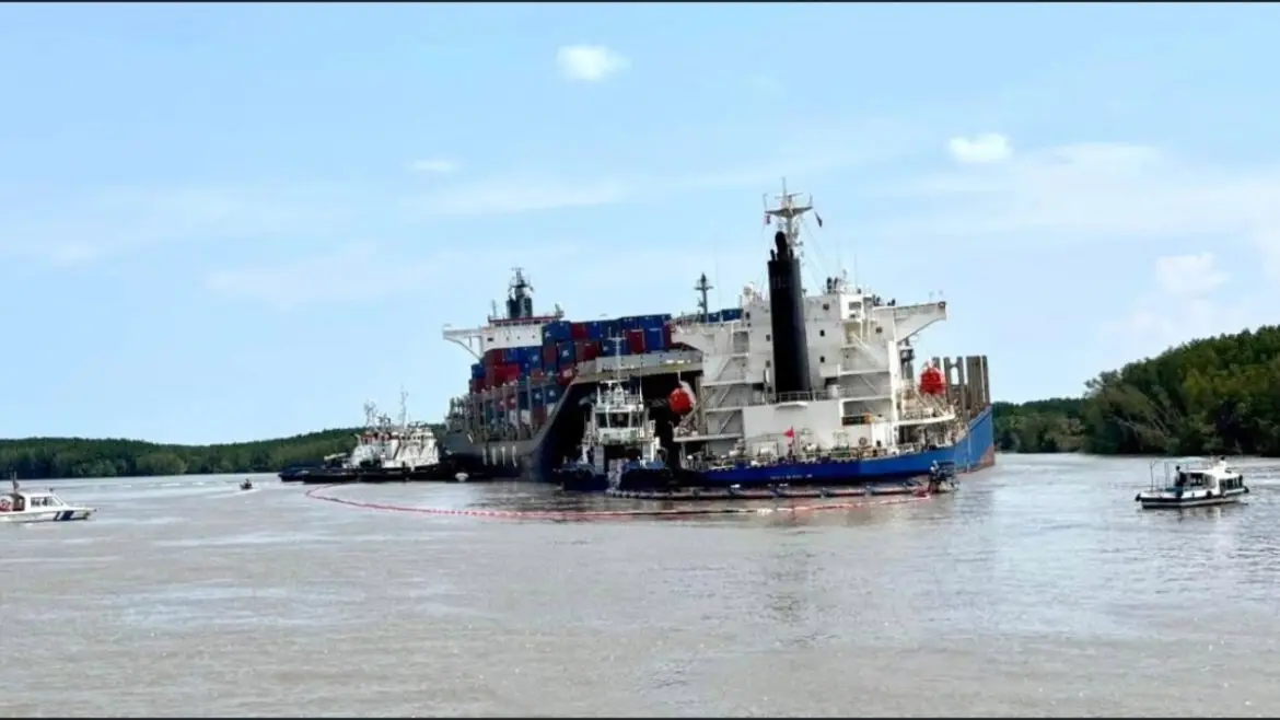 Damaged ship in water after a fatal collision.