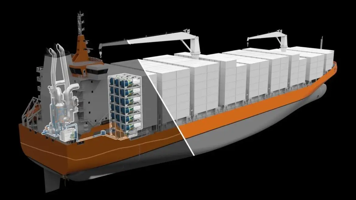 Cargo ship with scrubbers navigating clear waters.