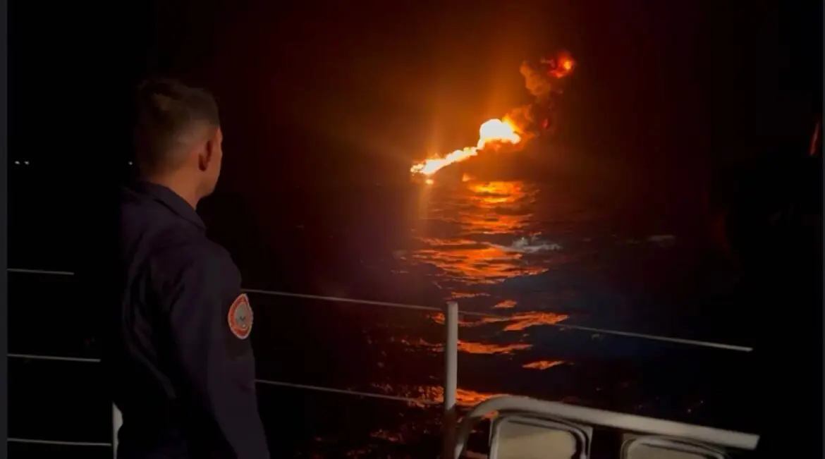 Cargo ship burning with smoke above lifeboats in rough waters.