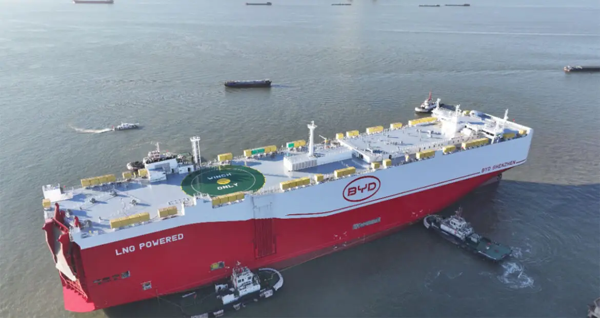 Large car carrier ship loaded with electric vehicles.