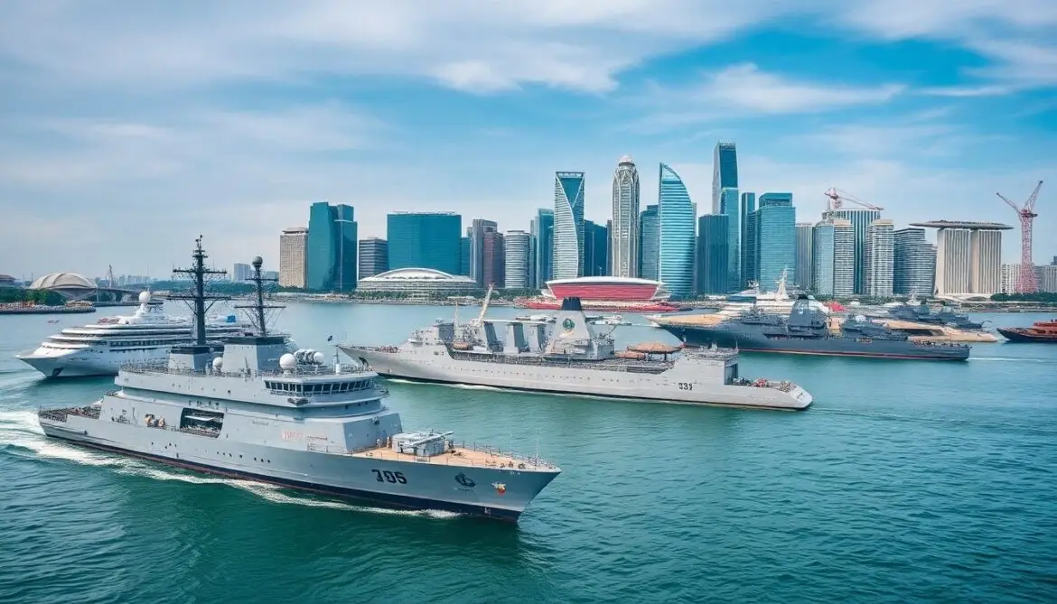 Singapore's maritime landscape with ships and skyline.