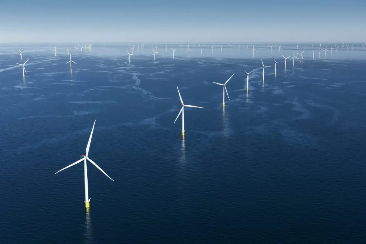 Offshore wind farm with turbines on a sunny day.