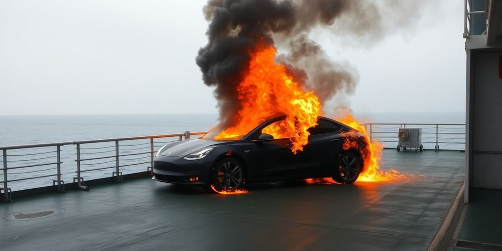 Electric car burning on ferry deck.