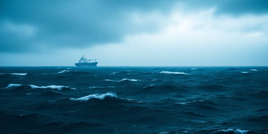 Stormy sea with ship in distance.