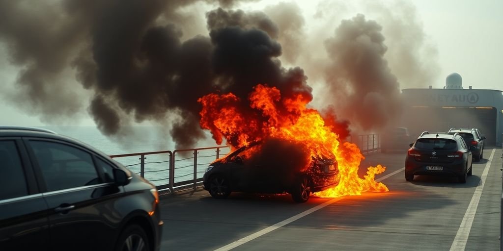 Burning electric car on a ferry deck.