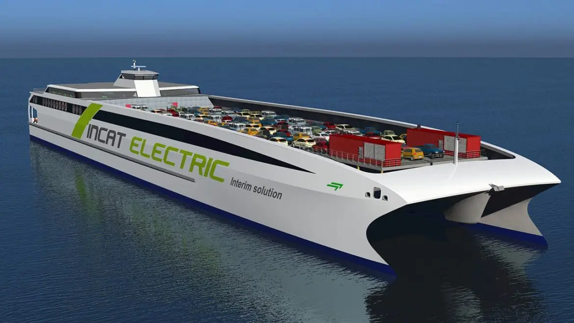 Hybrid electric ferry glides through water.