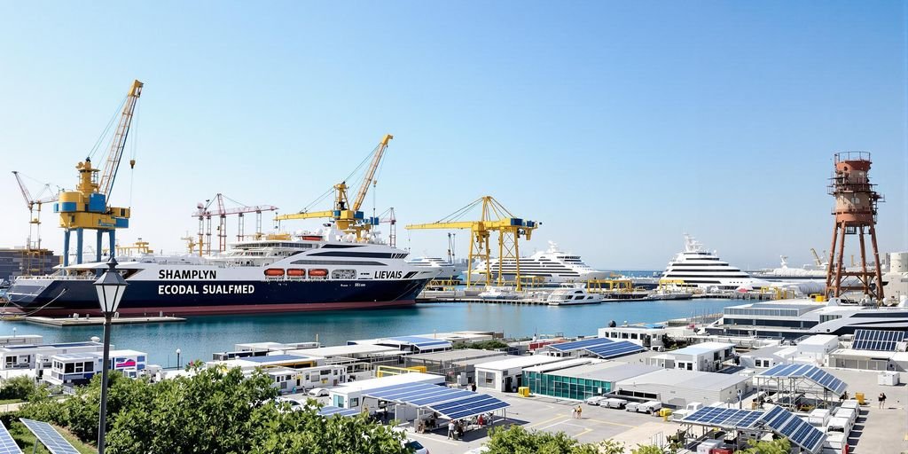 Modern Middle Eastern shipyard with eco-friendly technologies.