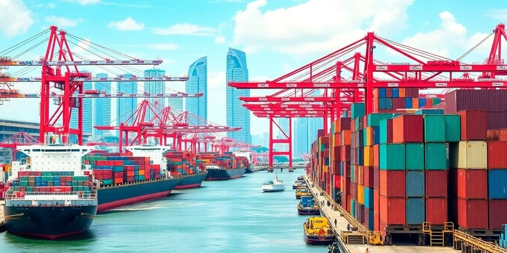 Singapore port with ships, cranes, and colorful containers.