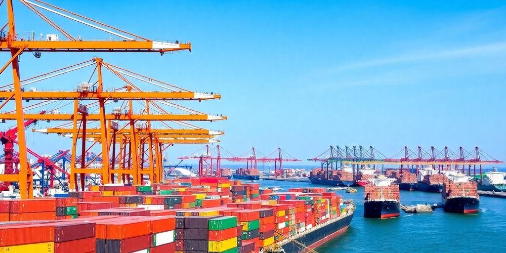 Vibrant Singapore Port with container ships and cranes.