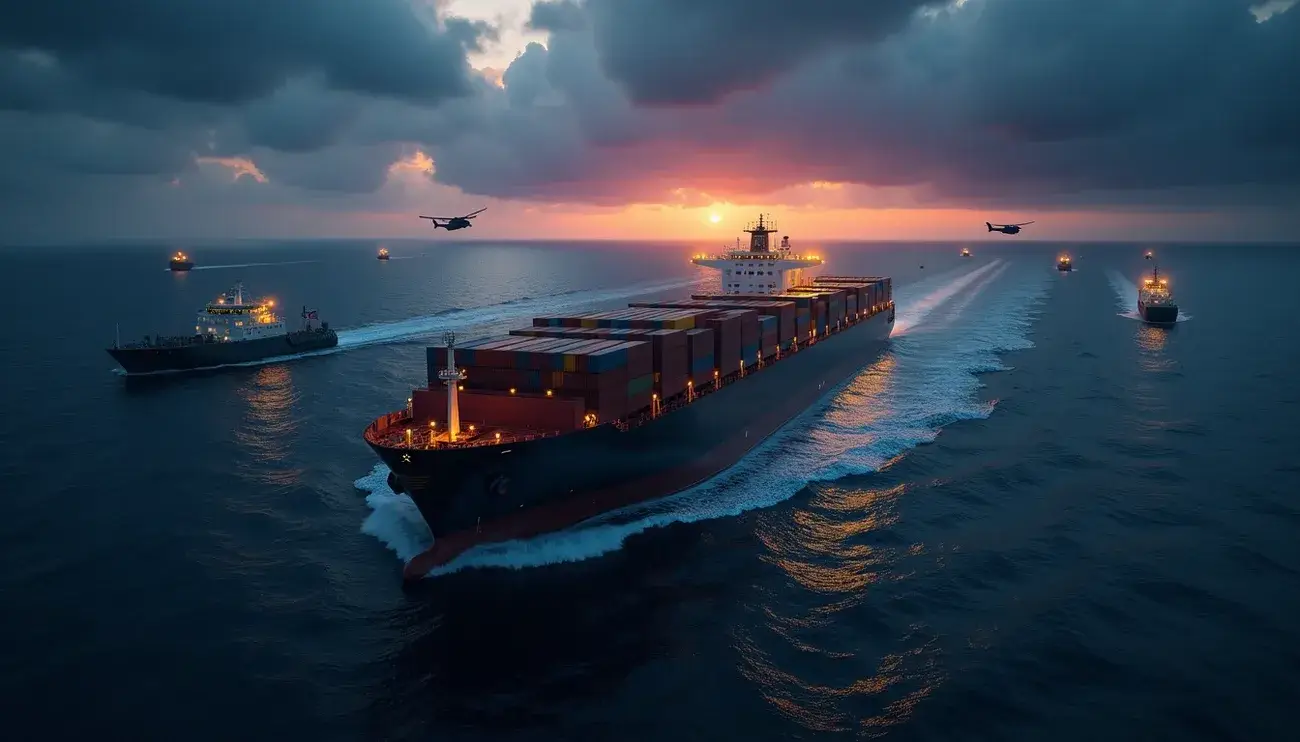 Container ship escorted by multiple vessels and helicopters at sunset, highlighting maritime security threats to global trade.