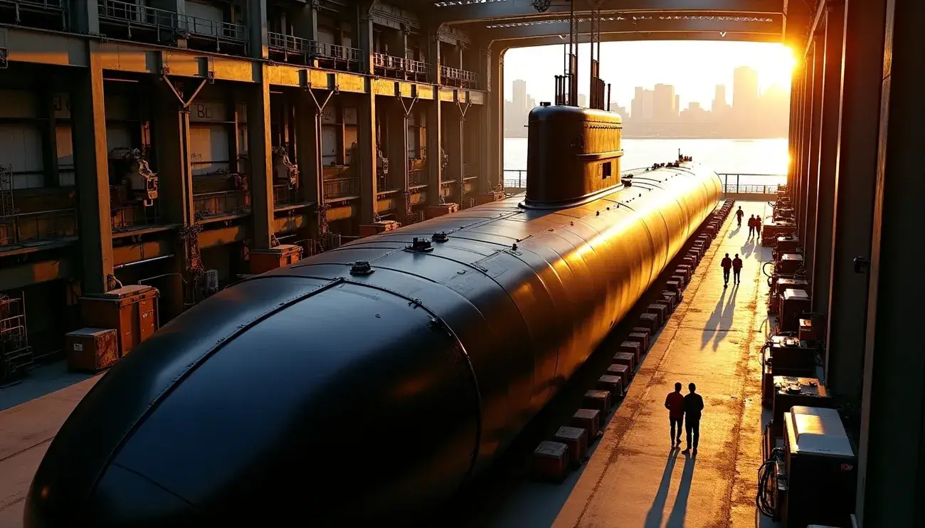 Nuclear submarine under construction inside Philly Navy Yard with workers walking alongside at sunset.