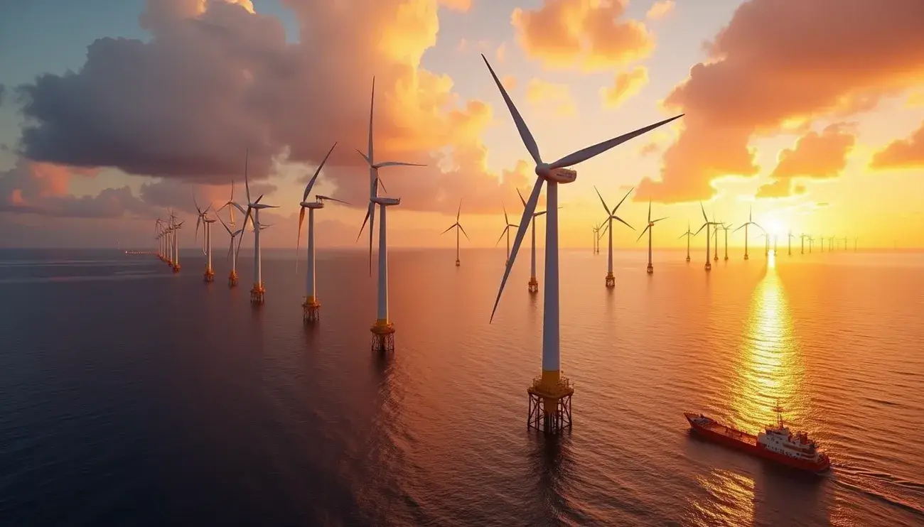 Offshore wind farm with multiple turbines at sunset over calm sea and a service vessel nearby.
