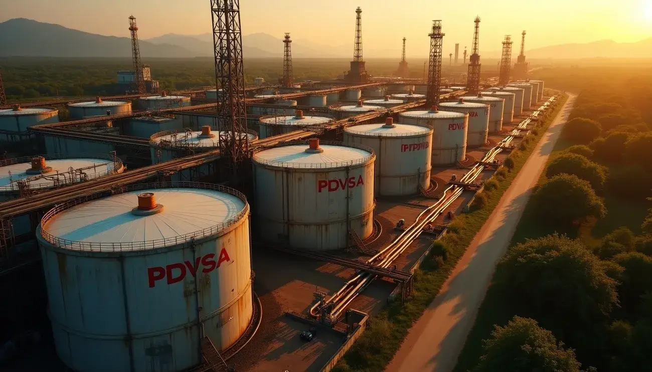 Aerial view of large PDVSA oil storage tanks at sunset with pipelines and surrounding greenery in Venezuela.